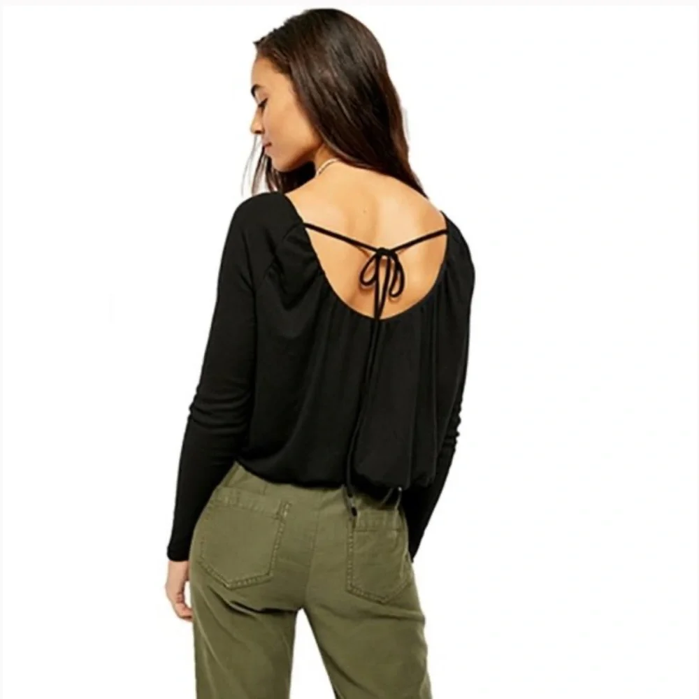 Free People Bondi Termal Long Sleeve Back Tie Top in Black‎ Size XSmall